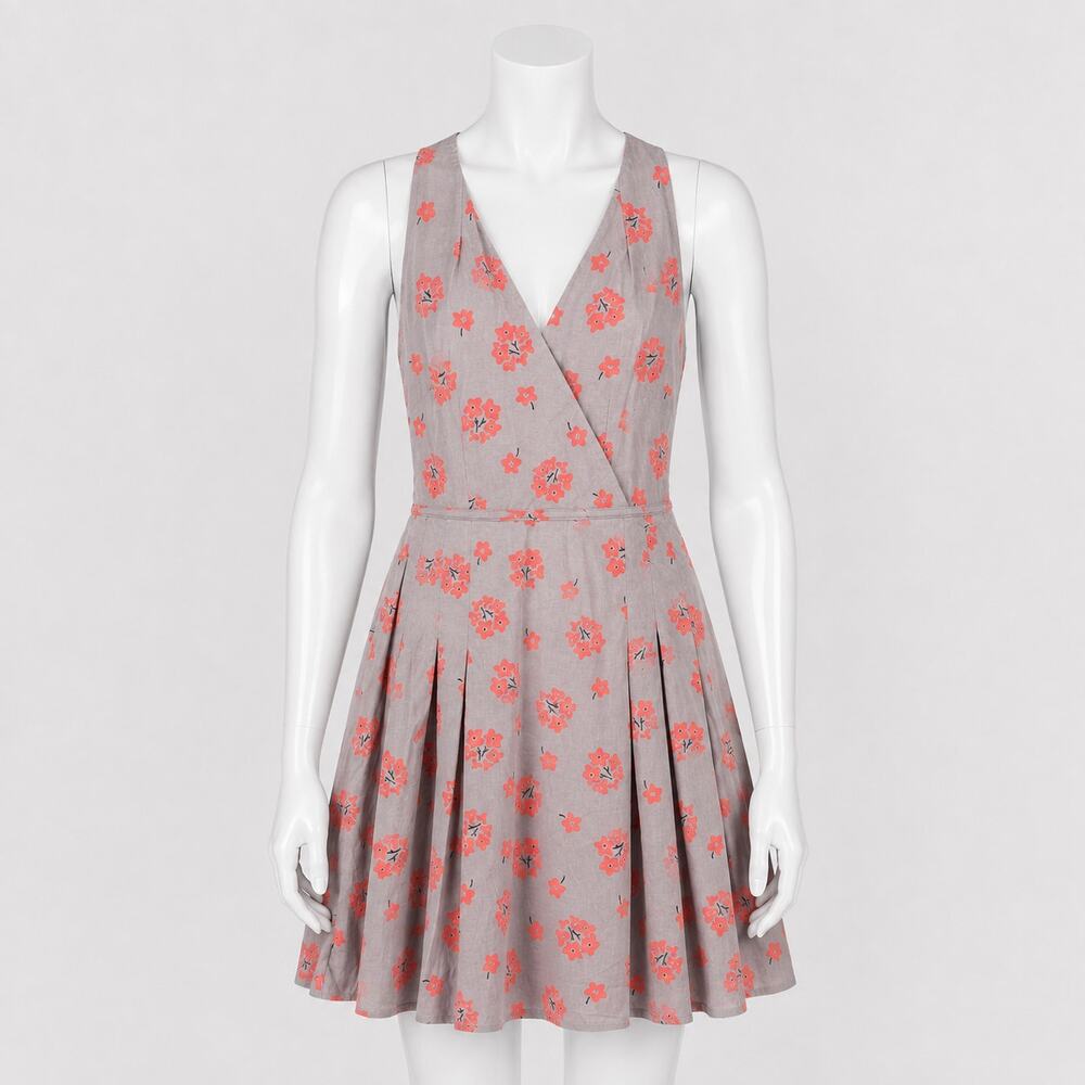 Boden Floral Halter Dress Sz 6P Petite Gray Coral Cotton Fit Flare Pleated